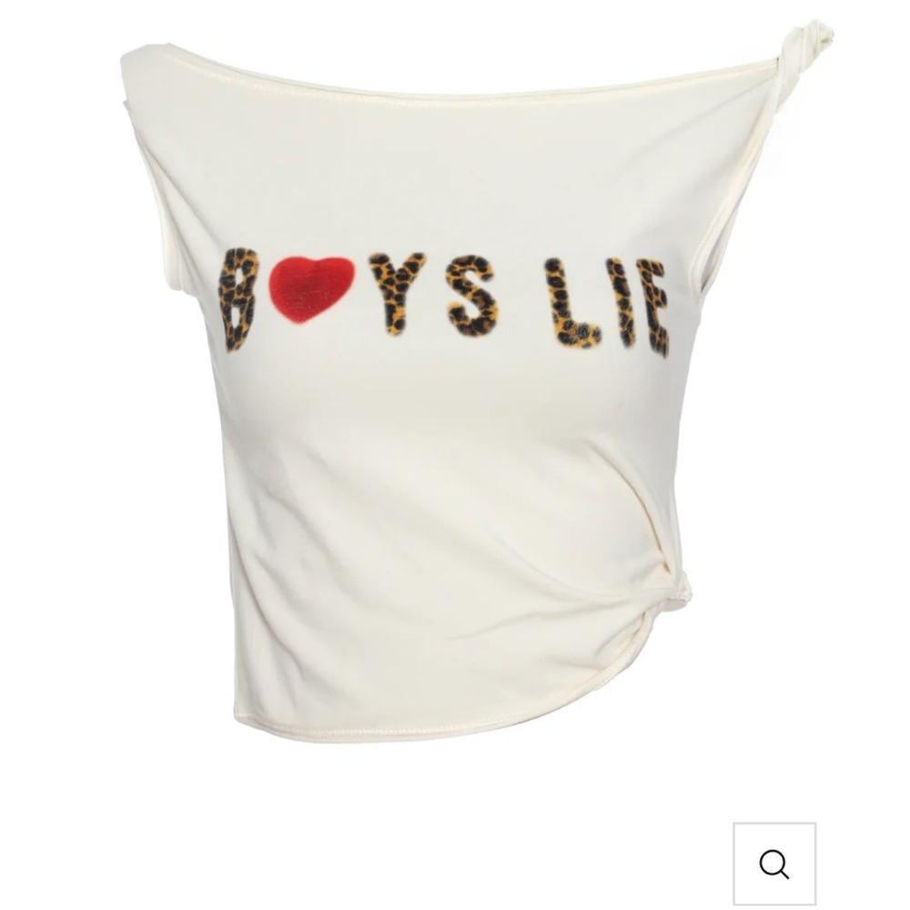 Boys Lie White Crop Top with Red Heart and Leopard Print Logo